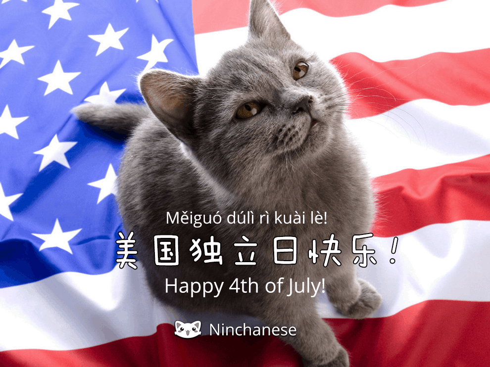  Cat celebration 4th of July American Independence Day with an American flag and how to say 4th of July in Chinese