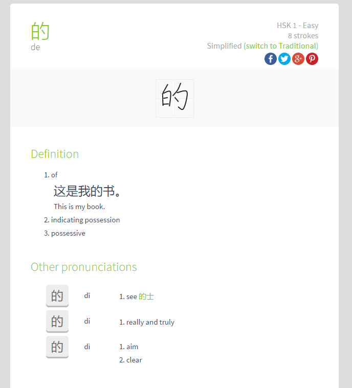 Word pages now show the multiple pronunciations a polyphonic chinese character has