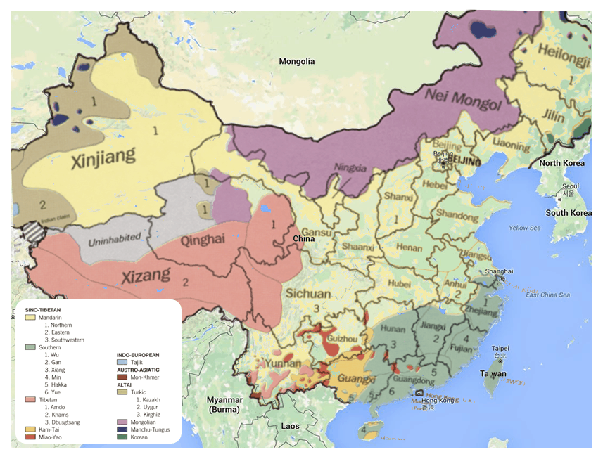 A map of all the places in China where you can hear the Chinese language spoken