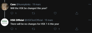 A tweet from HSK Official account saying there'll be no changes this year