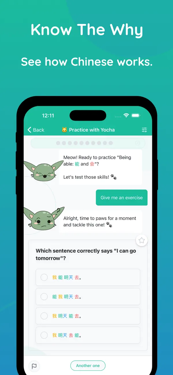 Yocha grammar practice with the cat coach